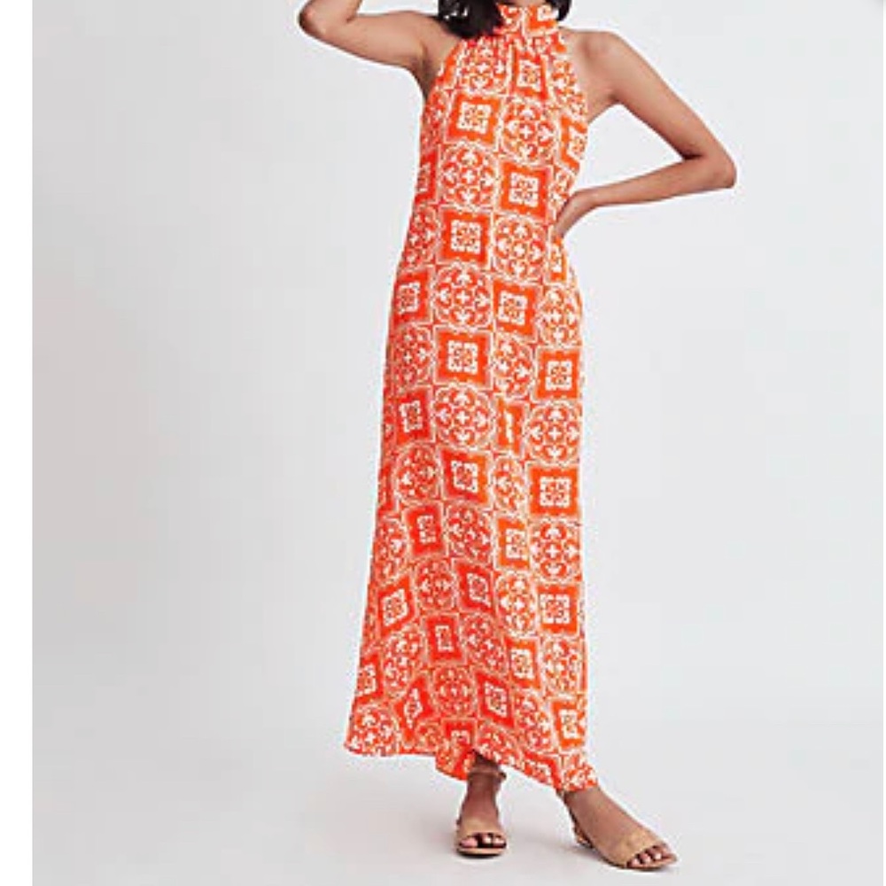 ANN TAYLOR Petite Tiled Halter Maxi Dress In Jupiter Orange